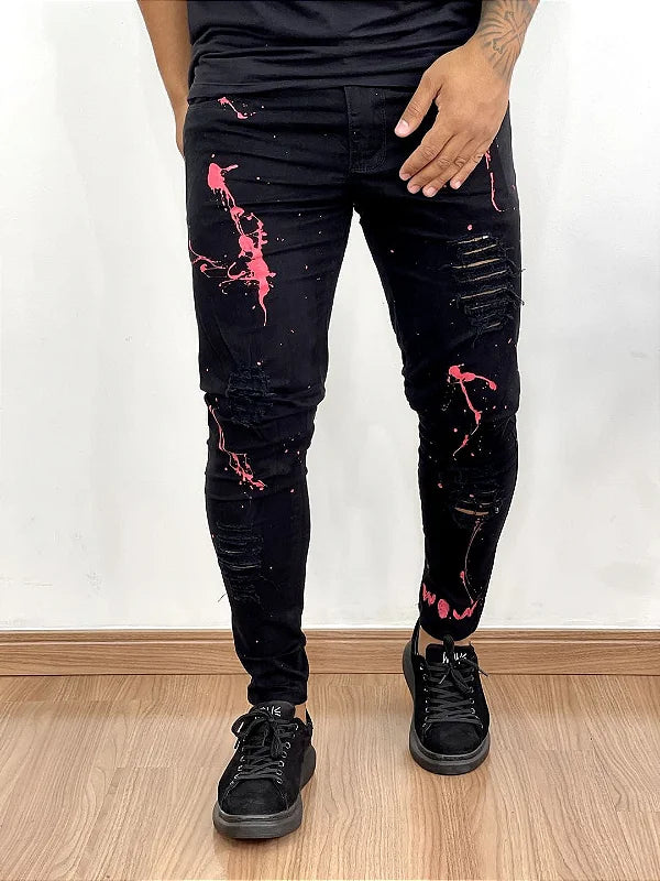 Calça Sarja Masculina Super Skinny Preta Destroyed Respingo Rosa