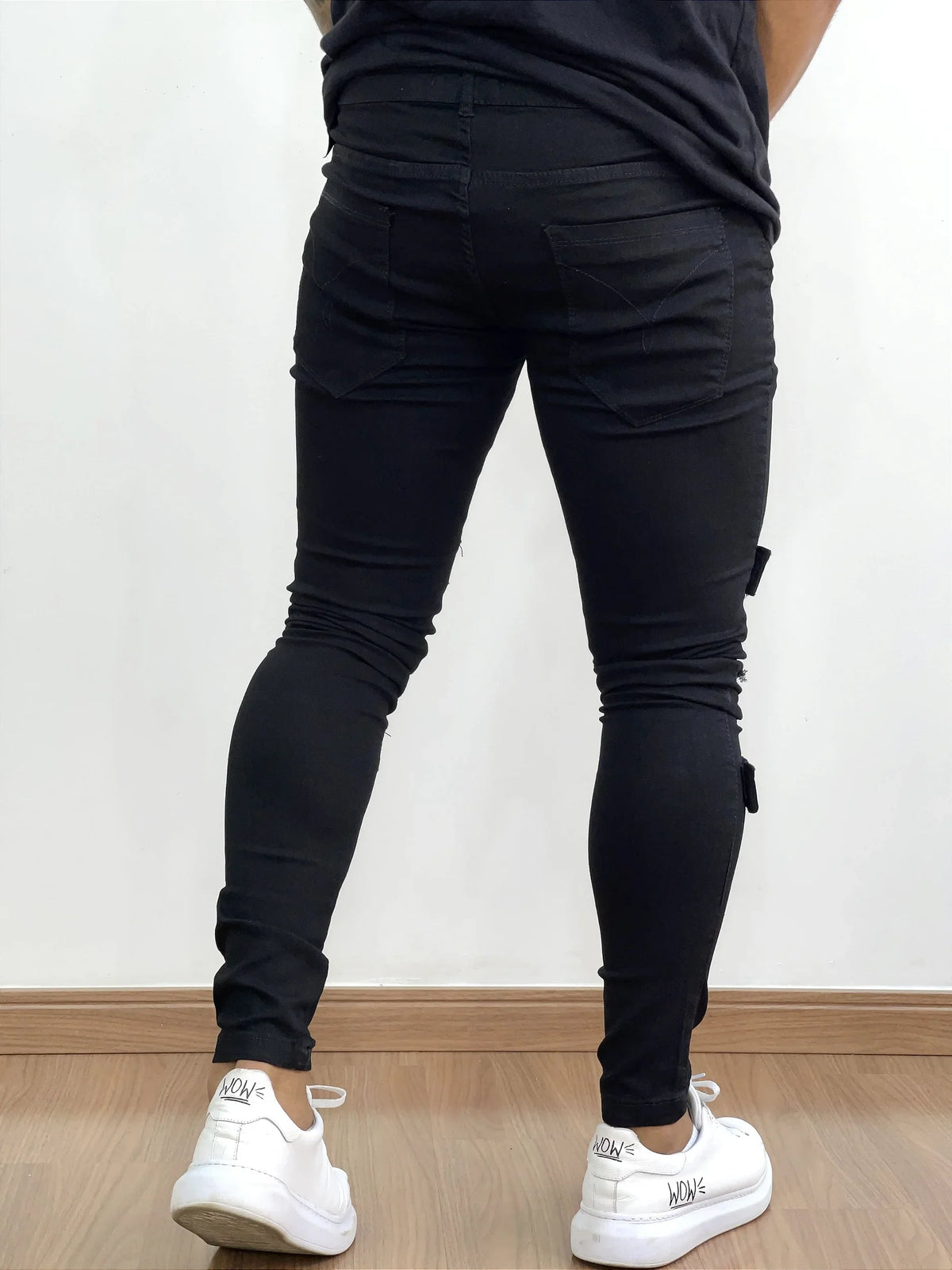 Calça Sarja Masculina Super Skinny Preta Detalhes Velcro