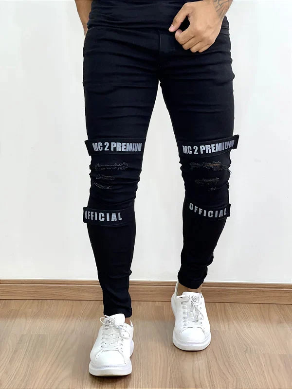 Calça Sarja Masculina Super Skinny Preta Detalhes Velcro